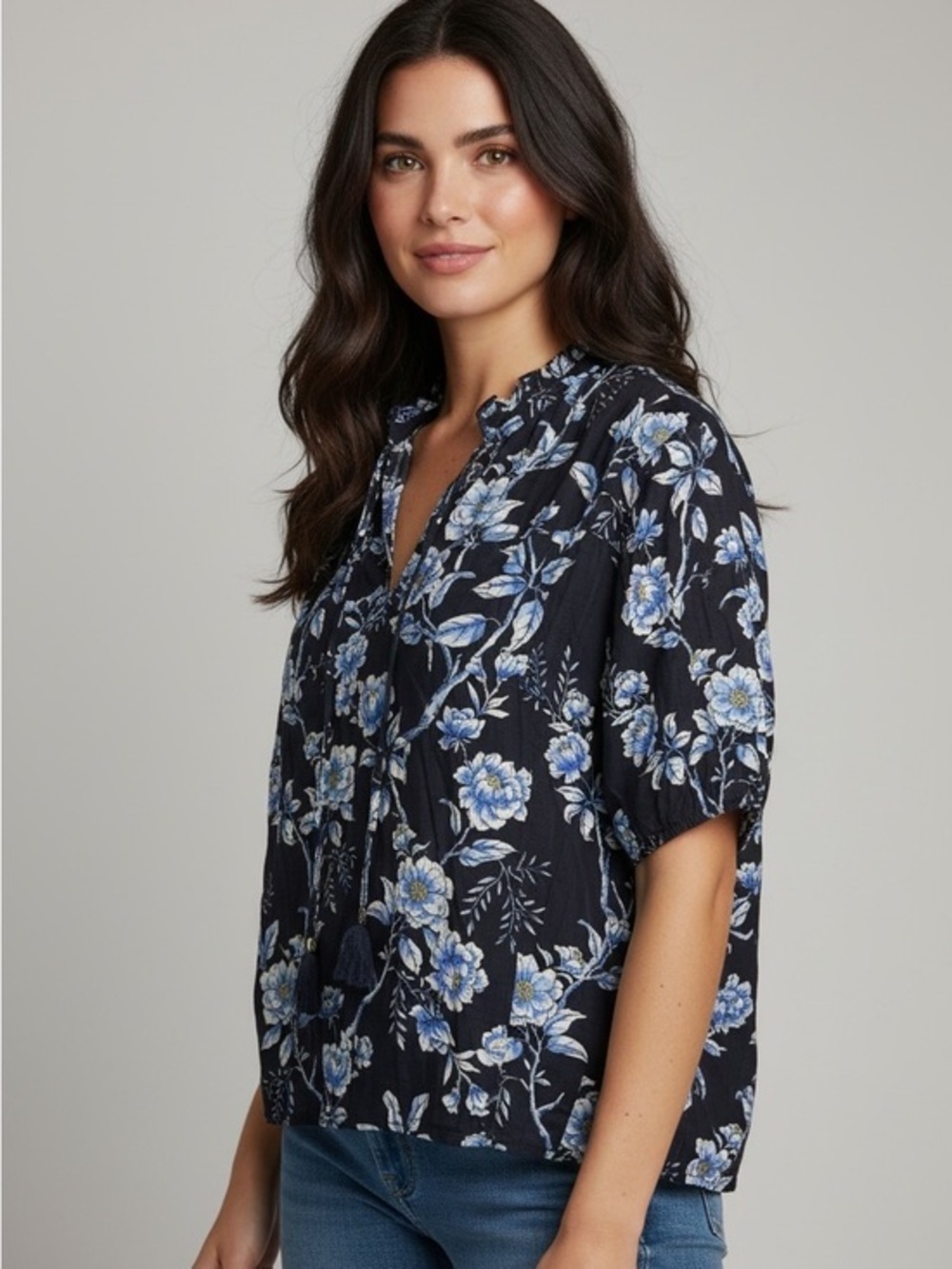 NWT Johnny Was Calme Floral Tassel Blouse Navy Blue-S- MSRP $225+